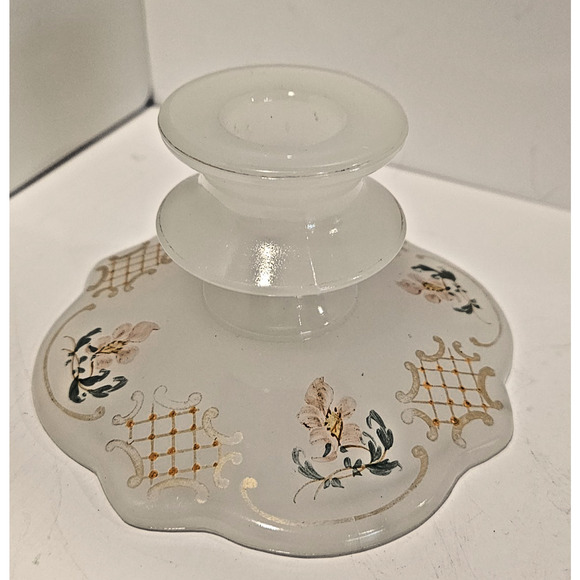 Vintage Frosted Glass Candlestick Holder Resting Dish Painted Flowers Scallop - Picture 4 of 6